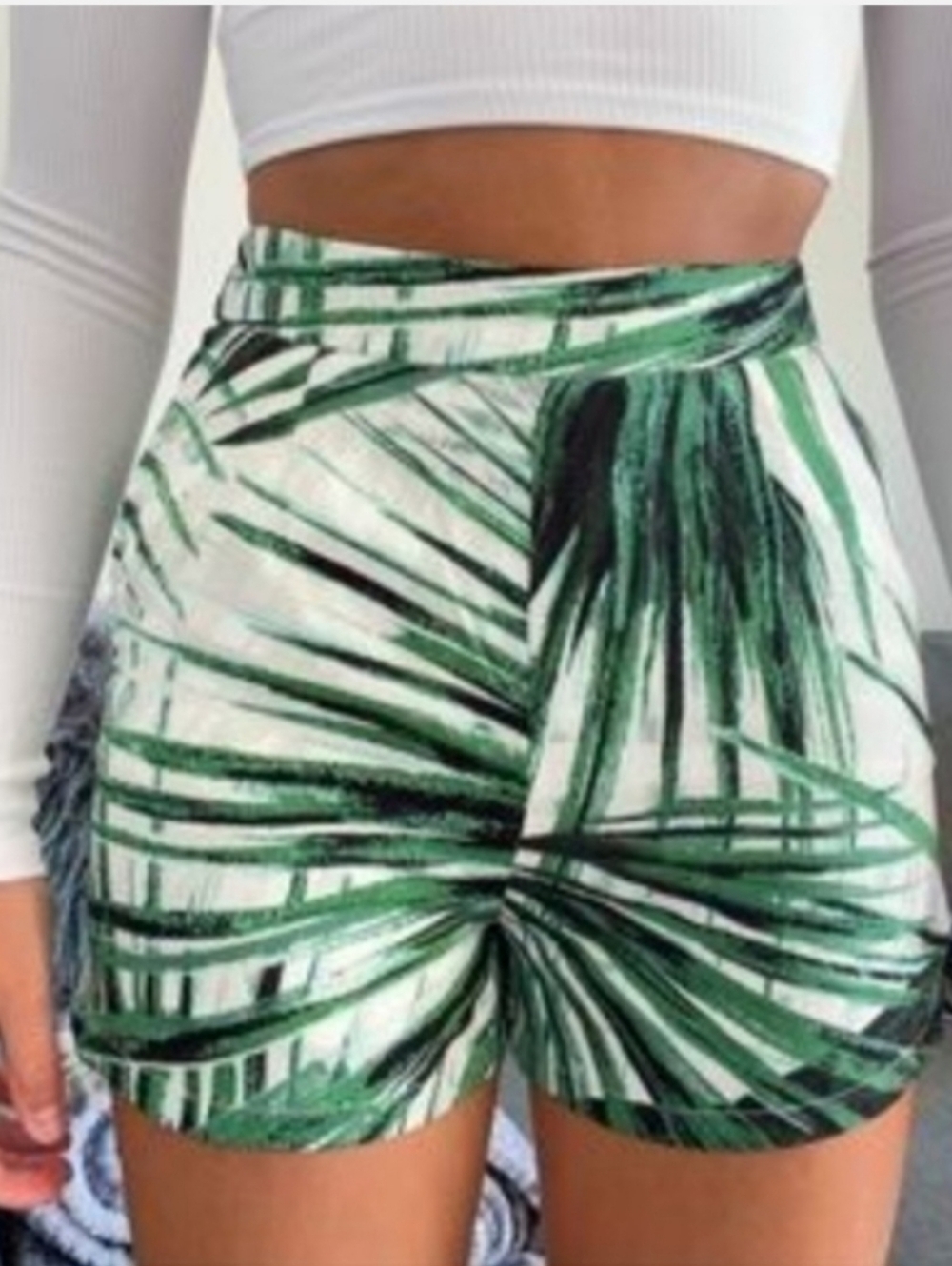 Dynamite White Lined Shorts with Green Palm Print Size L